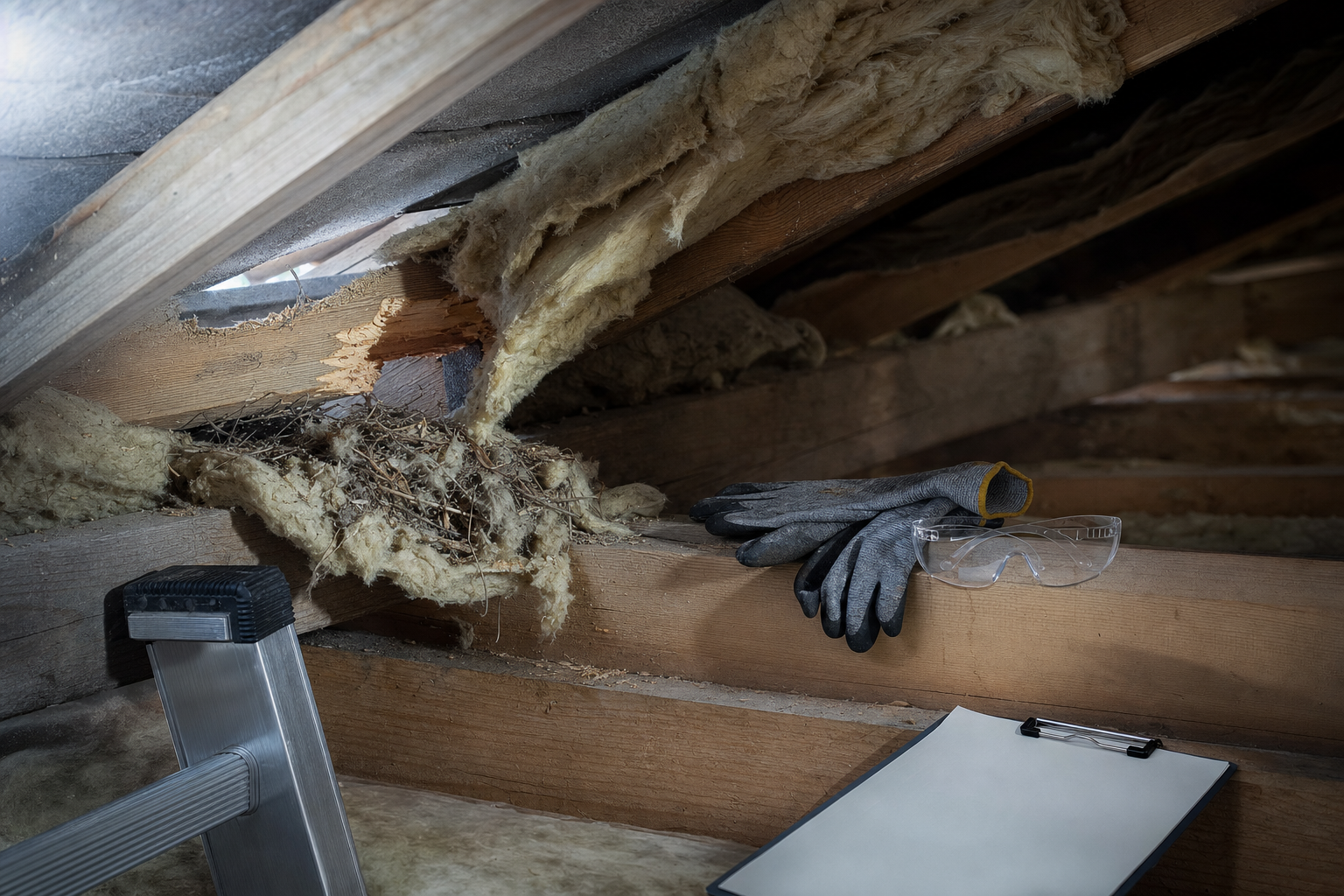 An attic with exposed insulation, a ladder, gloves, safety glasses, and a clipboard.