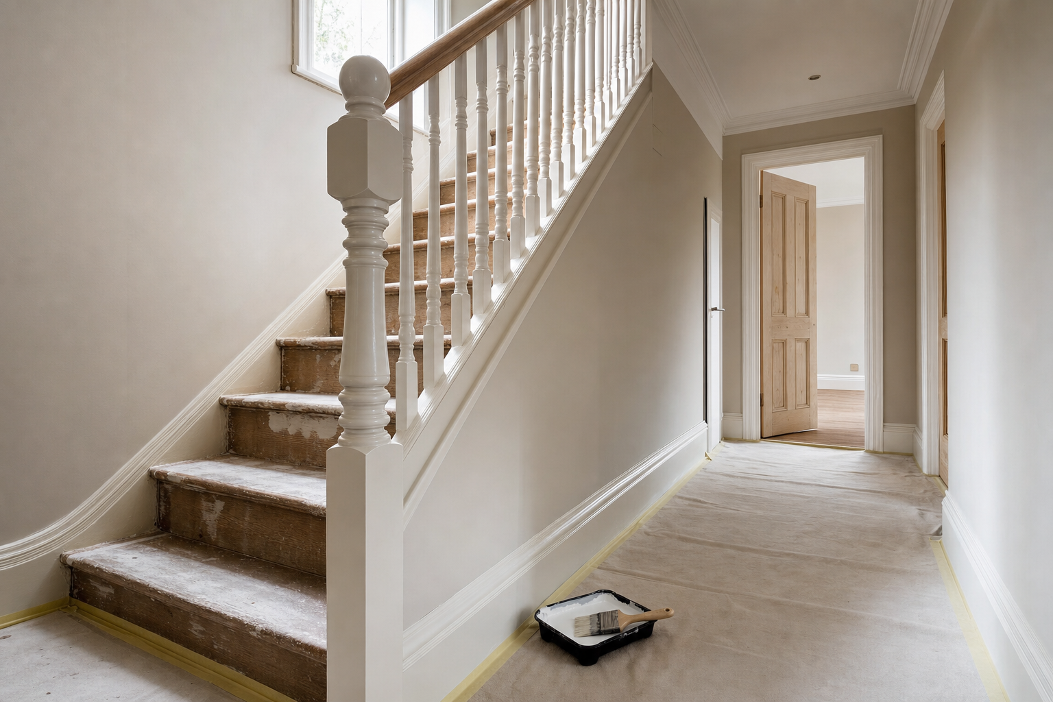 Indoor staircase under renovation with paintbrush and tray on the floor.