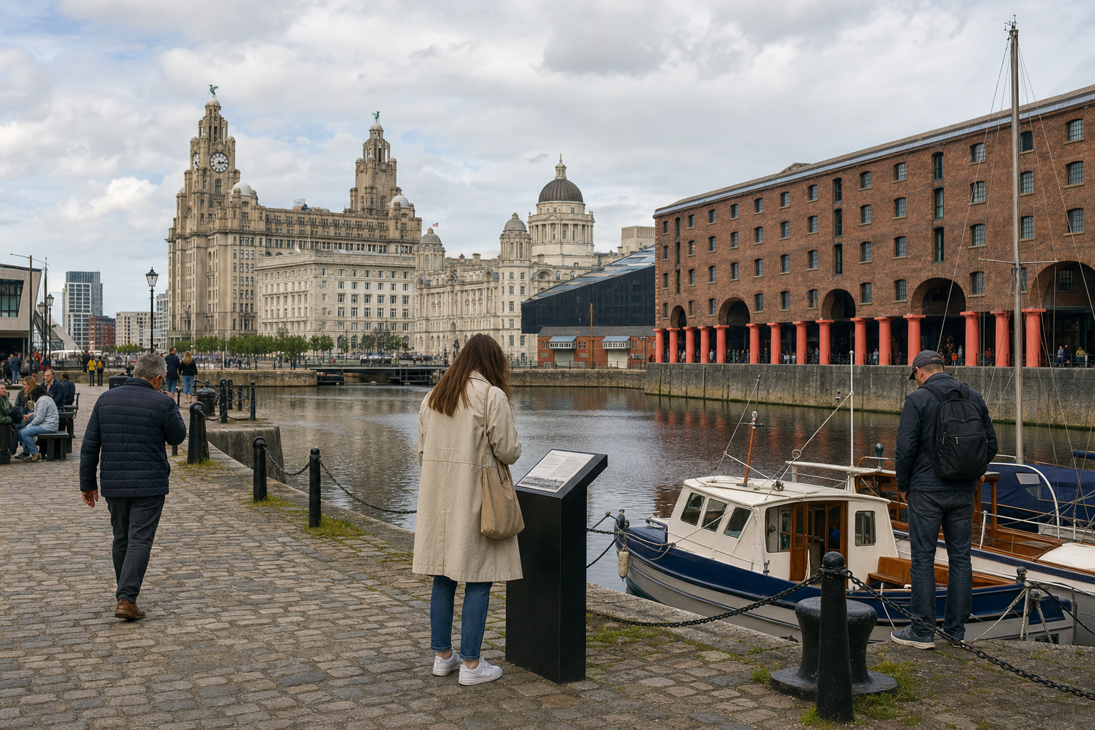 People enjoying a scenic view of the Royal Liver Building and Albert Dock in Liverpool.
