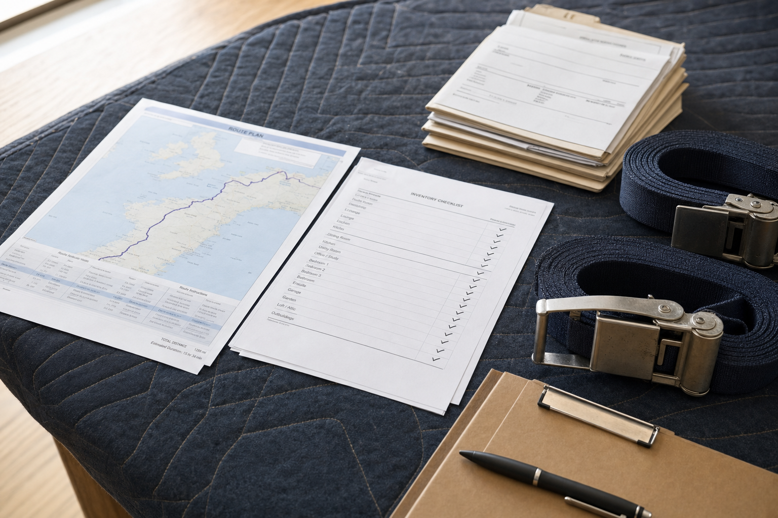 Route plan and inventory checklist on a table with files, straps, and a pen.