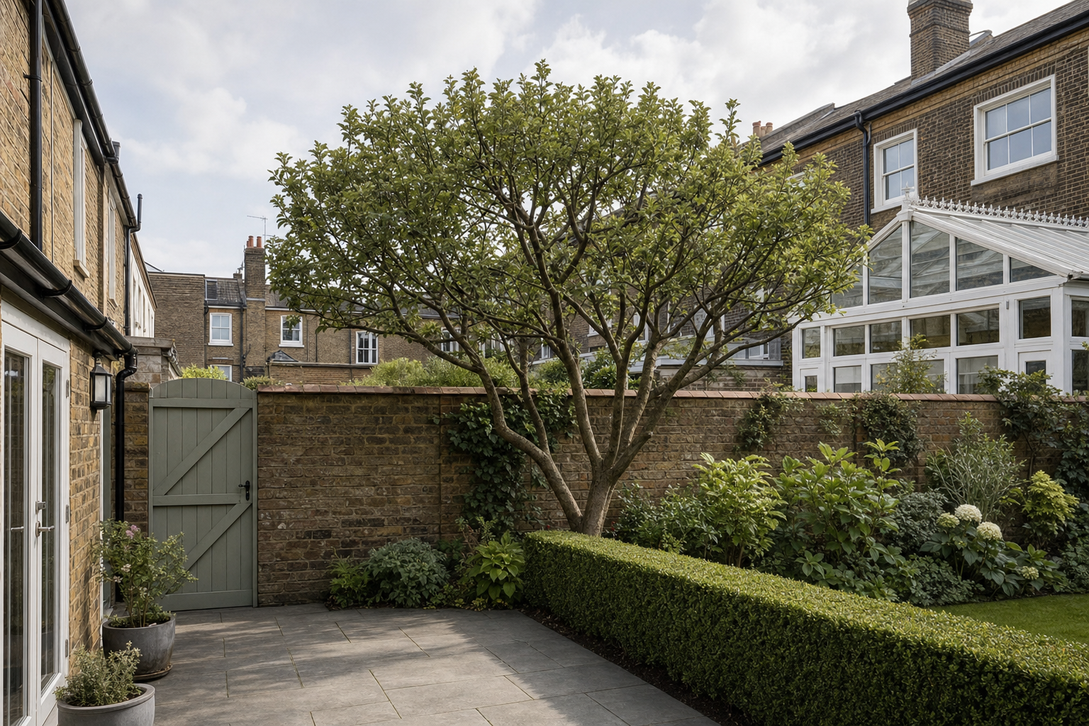 A quaint courtyard garden with a tree and potted plants against a brick wall and a surrounding terrace of houses.