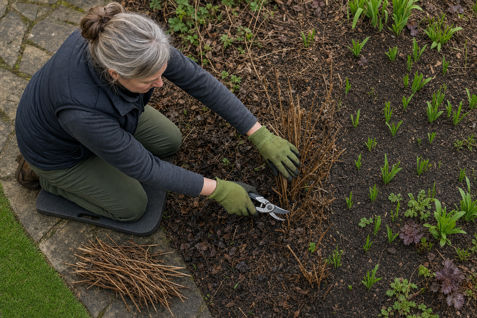 A person wearing gloves kneels on a pad, trimming dry stems with secateurs in a garden.