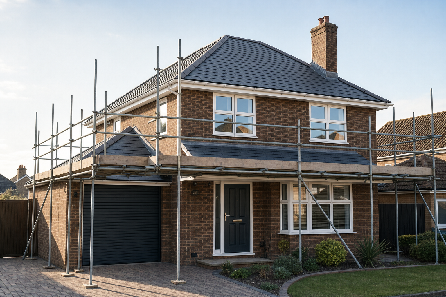 Two-storey red-brick house with scaffolding around the garage and porch under a clear sky.