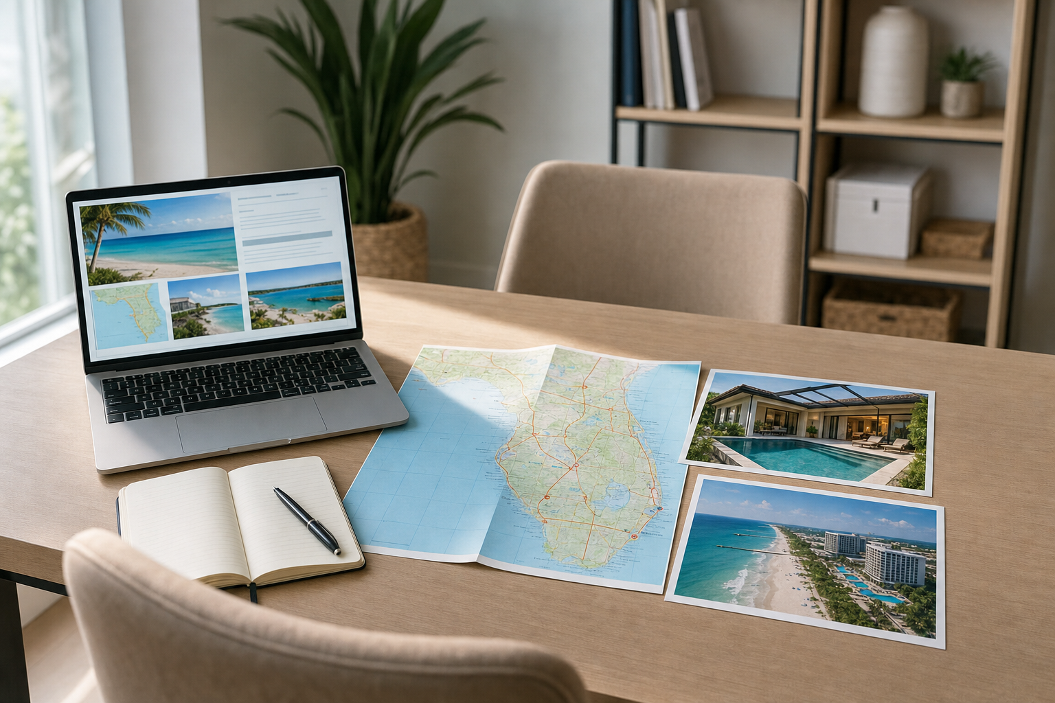 Laptop, map, and travel photos on a desk suggest holiday planning near window light.