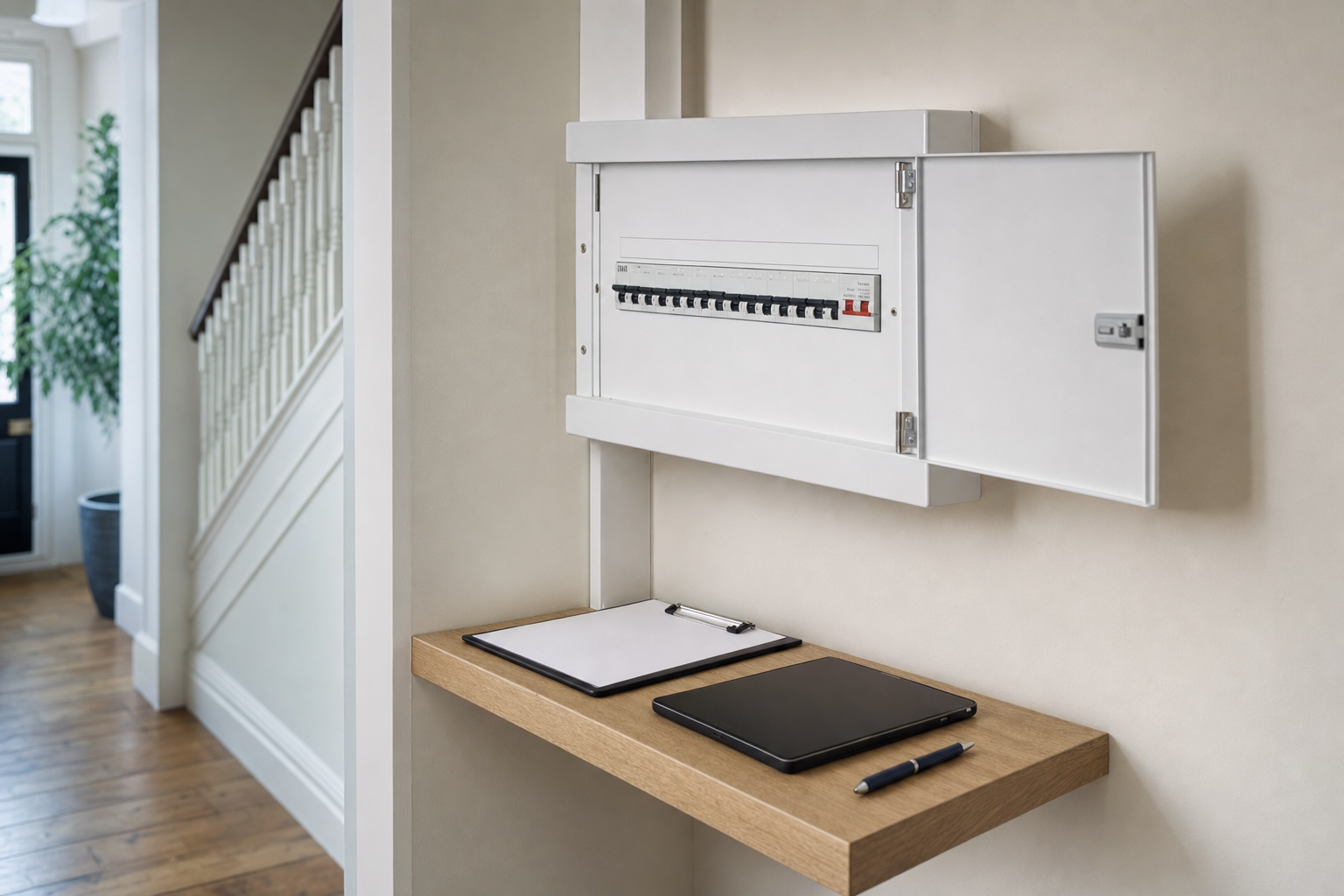 An open electrical circuit breaker box mounted on a wall with a wooden shelf below, holding a clipboard, tablet, and pen.