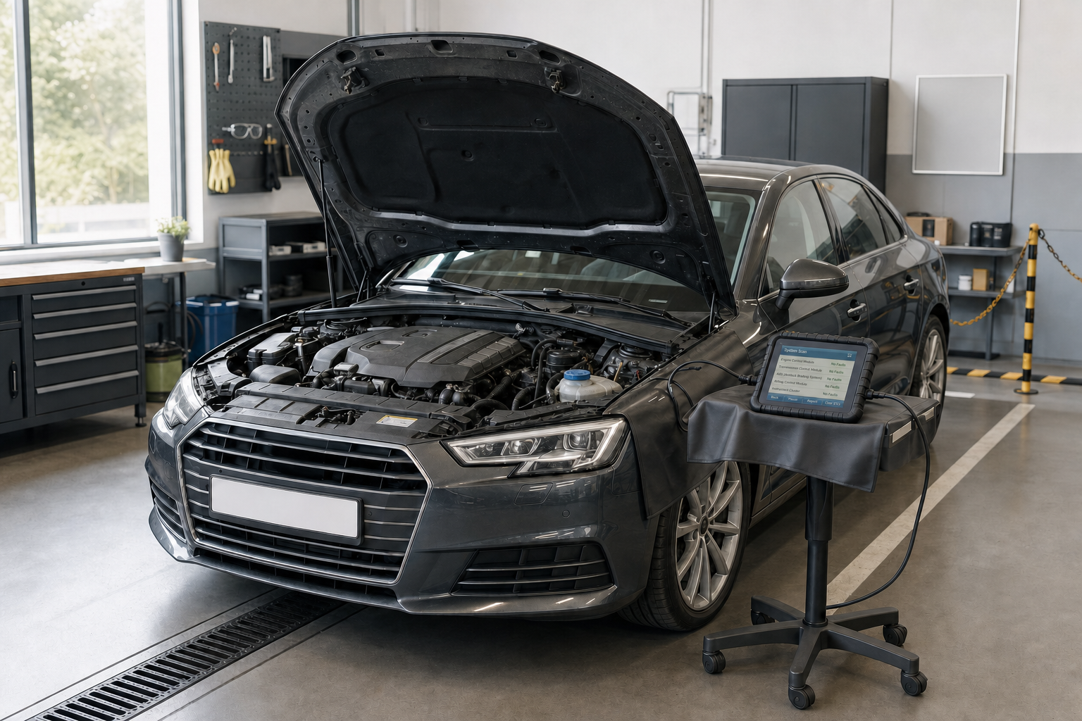 A car with its bonnet open is undergoing diagnostic testing in a modern garage.