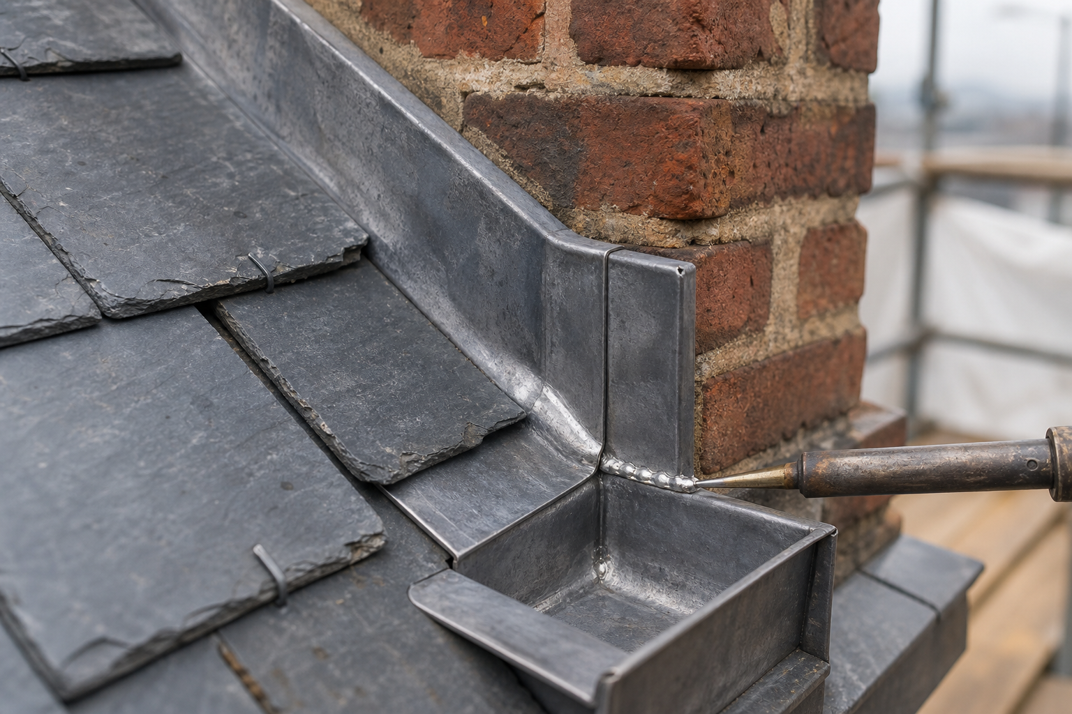 Metal flashing being soldered at the base of a brick chimney and slate roof intersection.