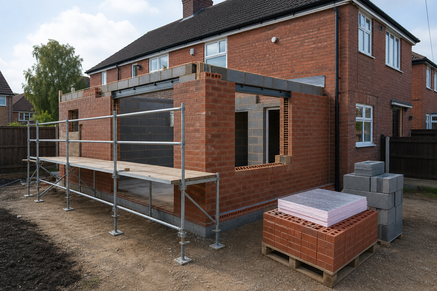 Brick house extension under construction with scaffolding and stacked building materials nearby.