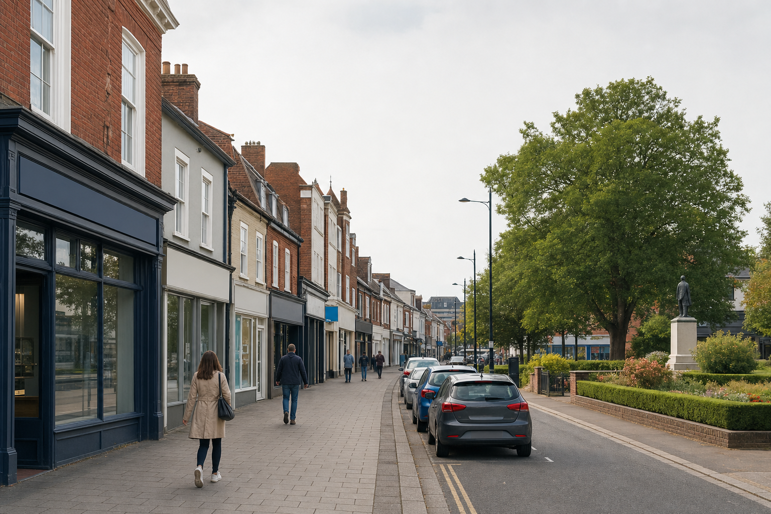A British high street with historic buildings, a few pedestrians, parked cars, and a statue in a garden setting.