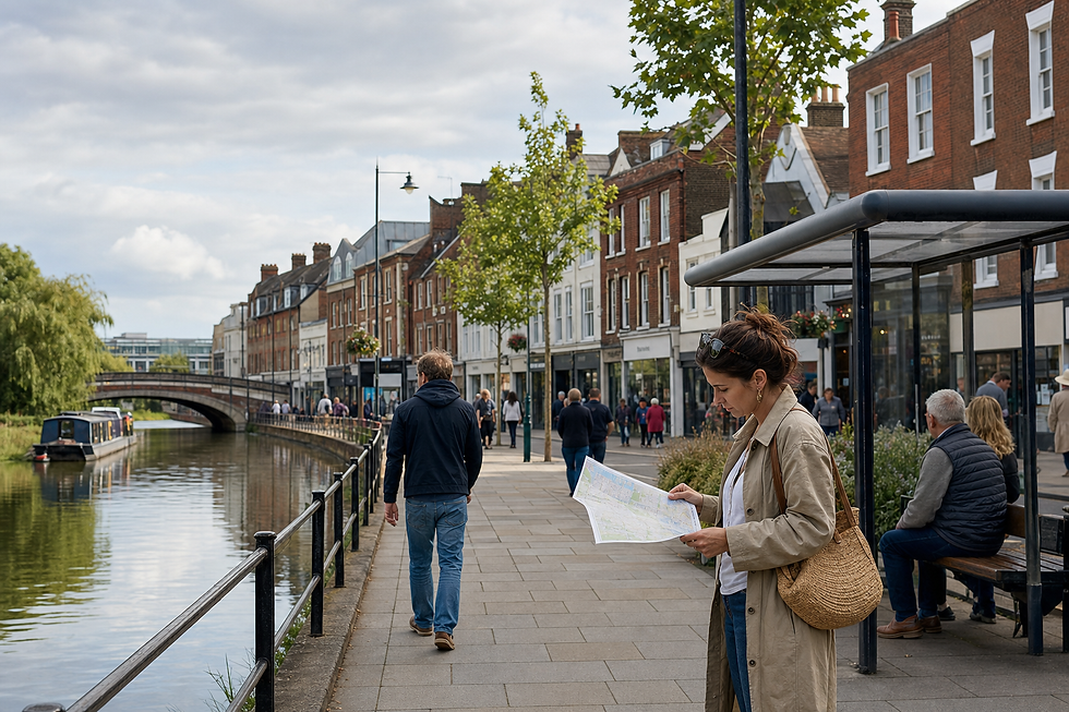 A woman reads a map beside a canal in a lively town with people walking and a narrowboat moored nearby.