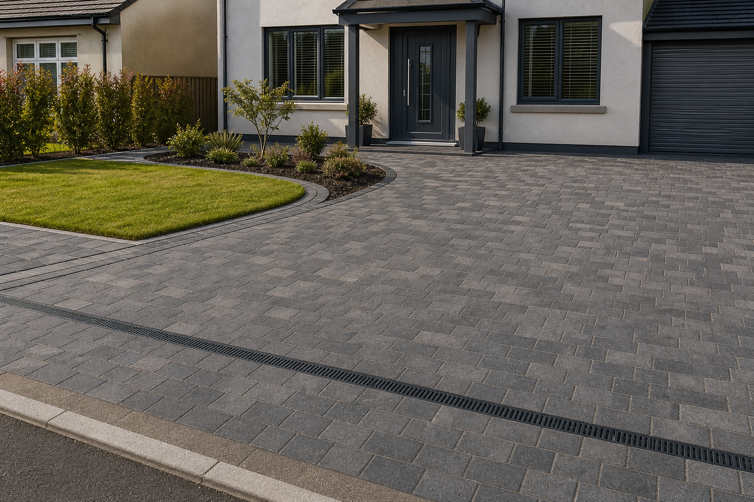 Modern house with a neatly paved driveway and a small landscaped garden by the entrance.