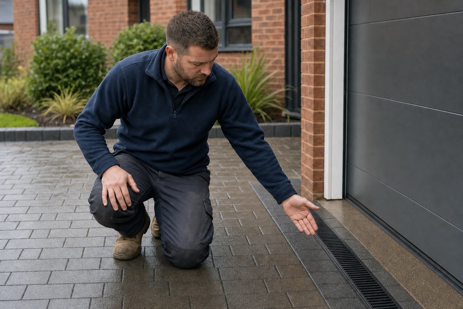 Man kneeling on a driveway, inspecting a drainage grate near a garage door.