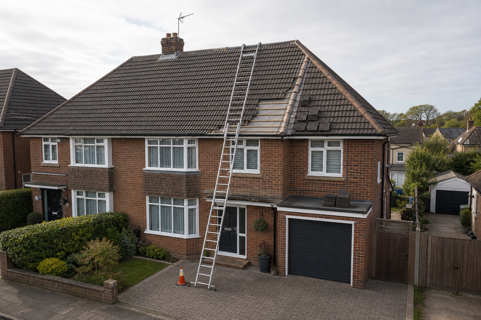 A semi-detached house with a ladder propped against its roof, where tiles are being replaced, and a traffic cone on the driveway.