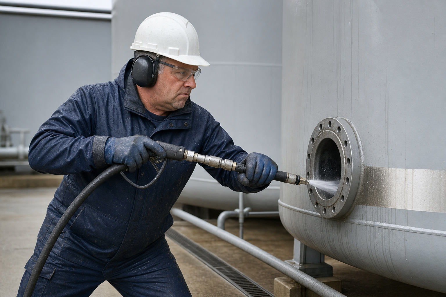 Worker in protective gear cleaning an industrial tank with a high-pressure water hose.