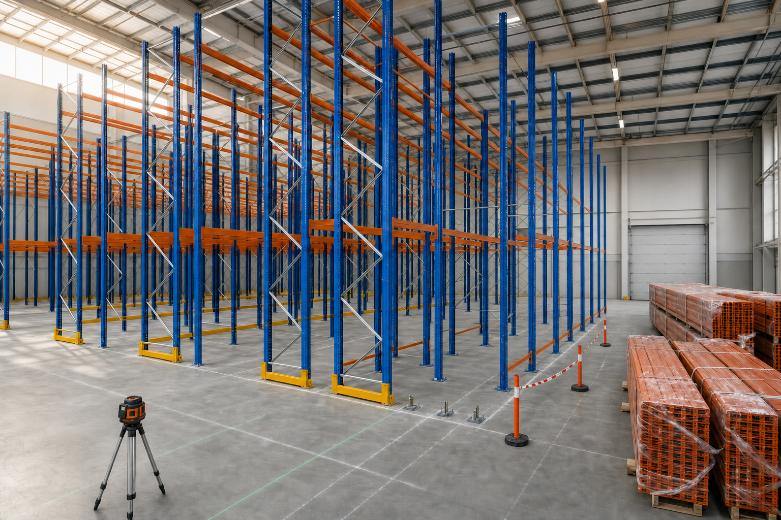 Warehouse interior with blue and orange shelving units being constructed, wrapped pallets, and a laser level on a tripod.