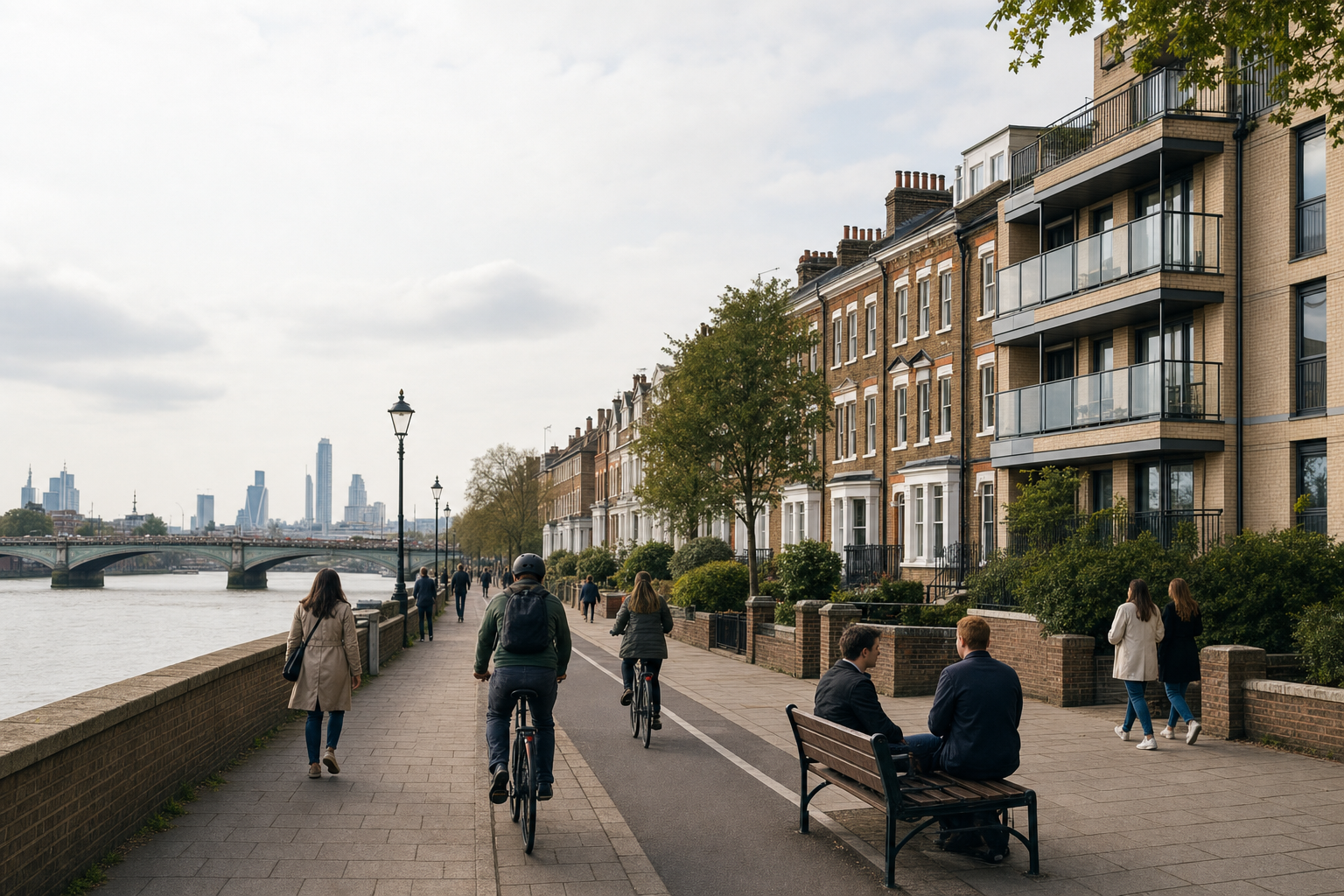 People walk and cycle along a riverside path next to traditional terraced houses, with a city skyline and bridge in the background.