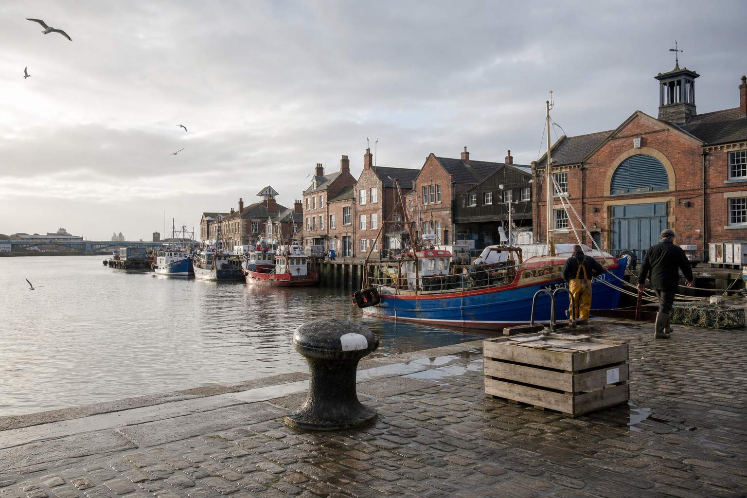 Harbor scene with fishing boats docked near historic red-brick buildings under a cloudy sky.
