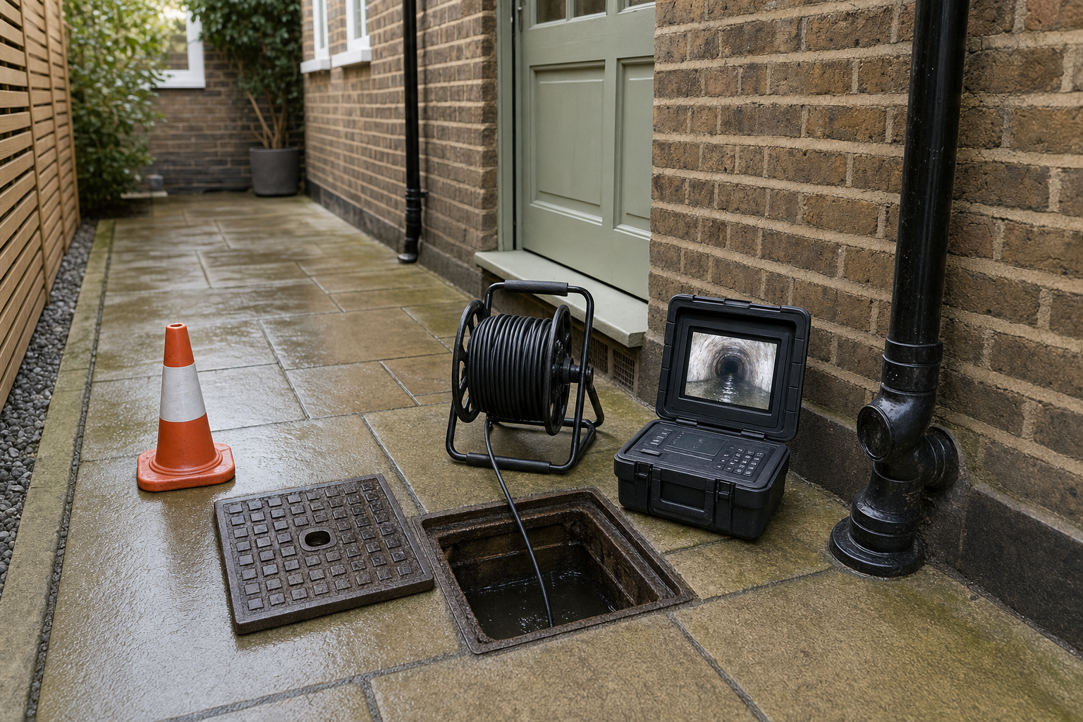 A drain inspection setup with a camera, monitor, and cone beside an open manhole on a wet patio.
