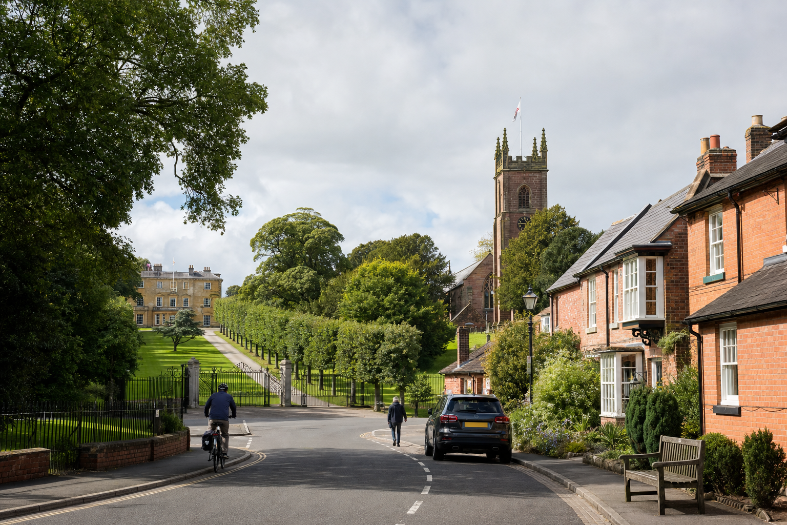 A cyclist rides through a quaint village street with a church tower and large manor house in the background.