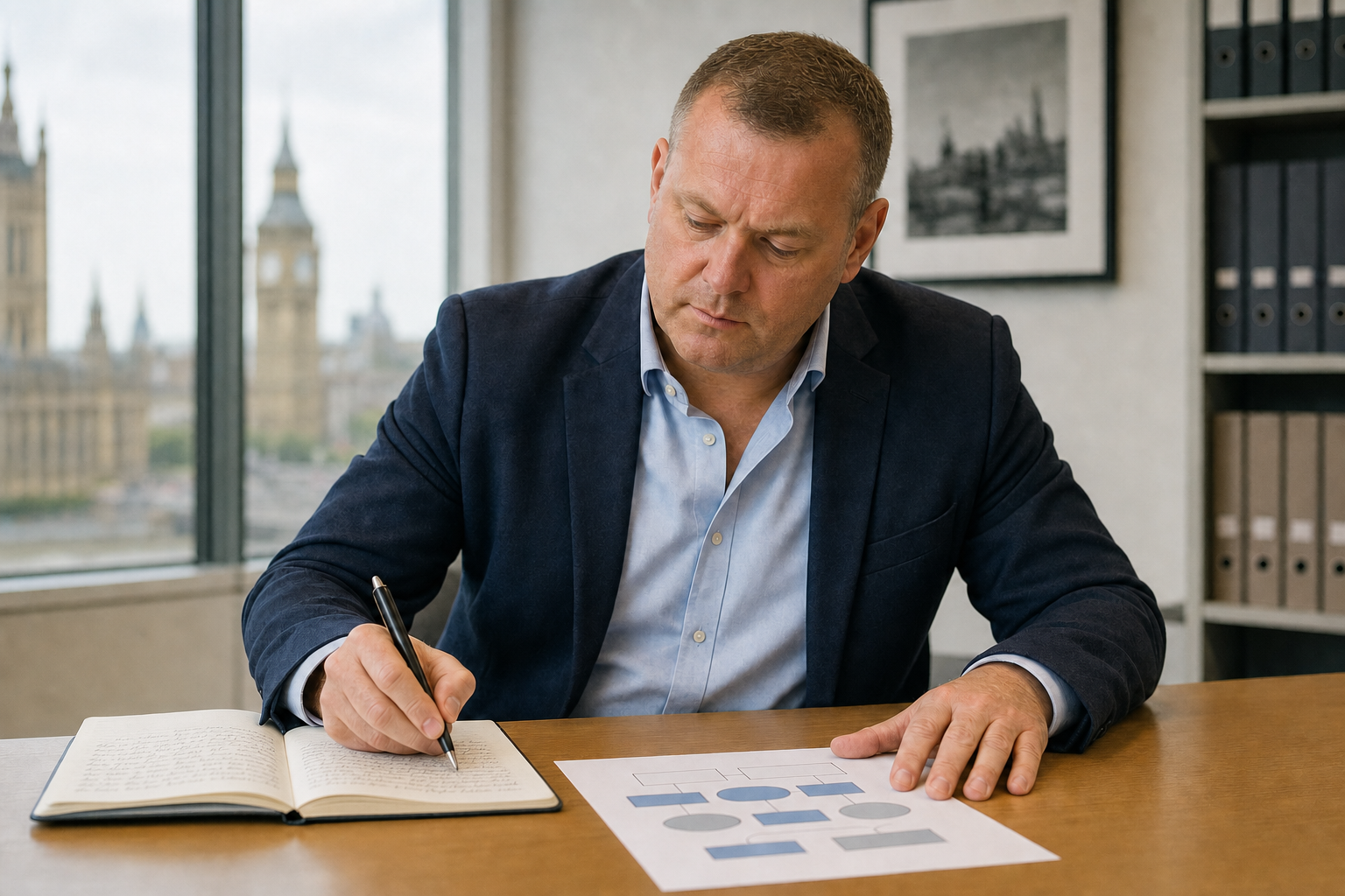 Man in a suit writing in a notebook with a flowchart on the desk, near a window overlooking Big Ben.