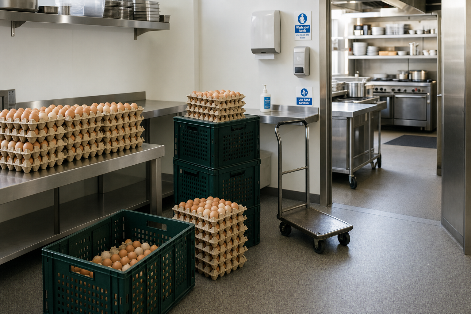 Stacks of eggs on trays and crates in a commercial kitchen with stainless steel counters and appliances.
