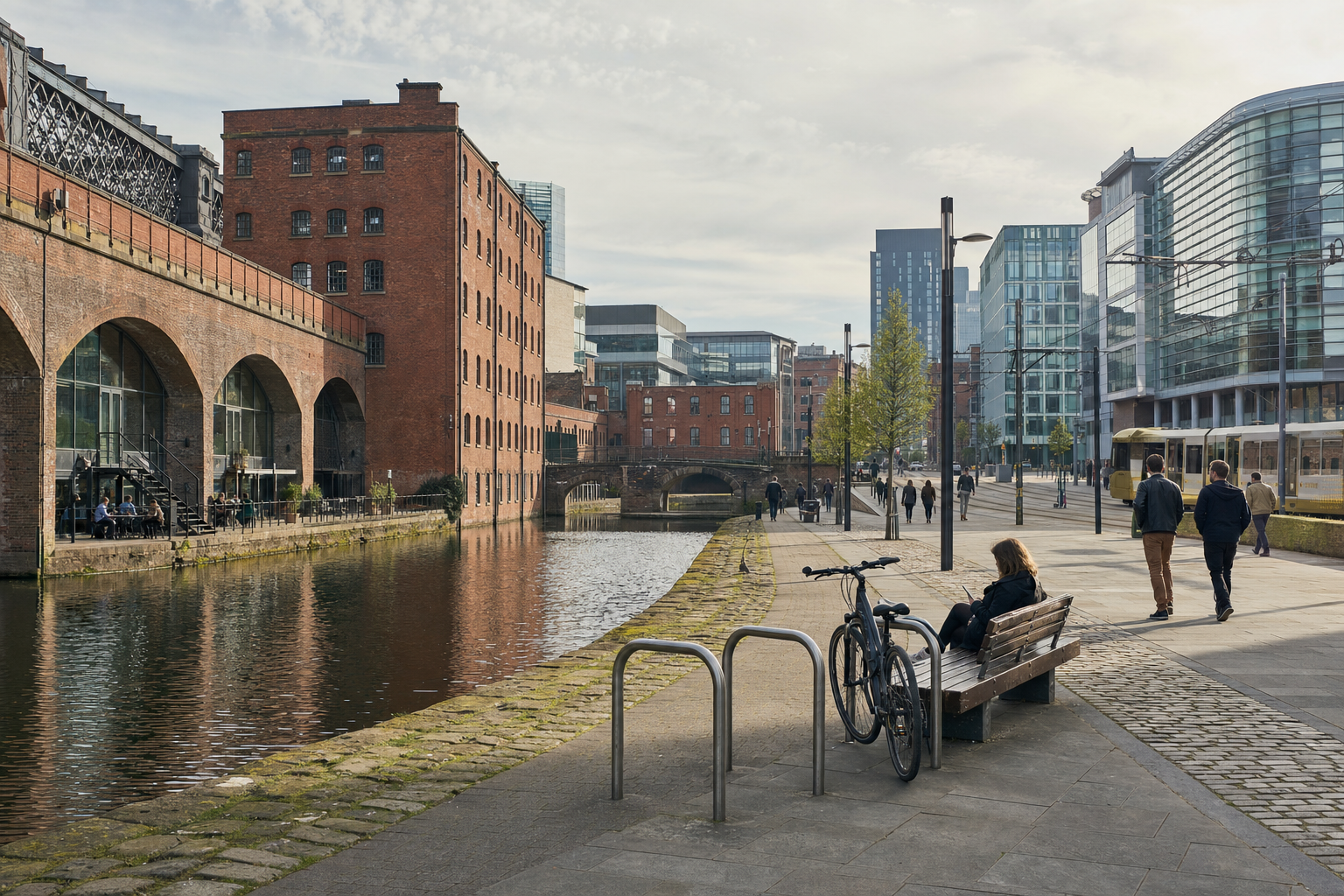 Canal-side scene with red brick buildings, people walking, and a bicycle leaning against a bench in an urban setting.