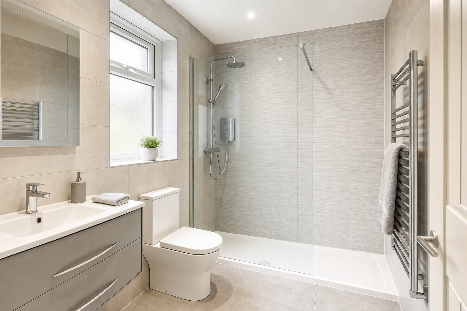 Modern bathroom featuring a walk-in shower, toilet, sink, and towel rack with neutral-toned tiles.