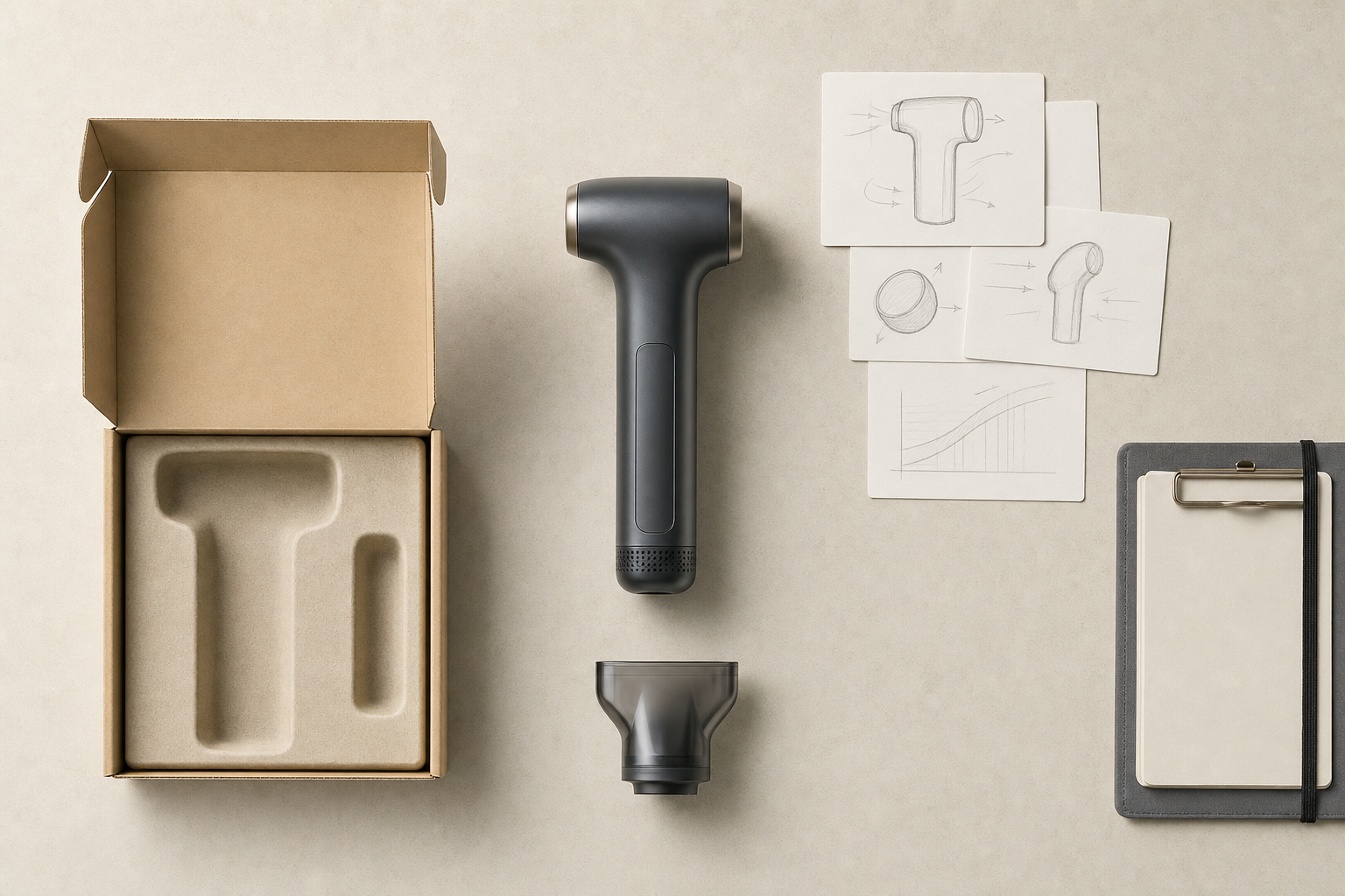 Massage gun with its packaging, nozzle attachment, design sketches, and clipboard on a beige surface.