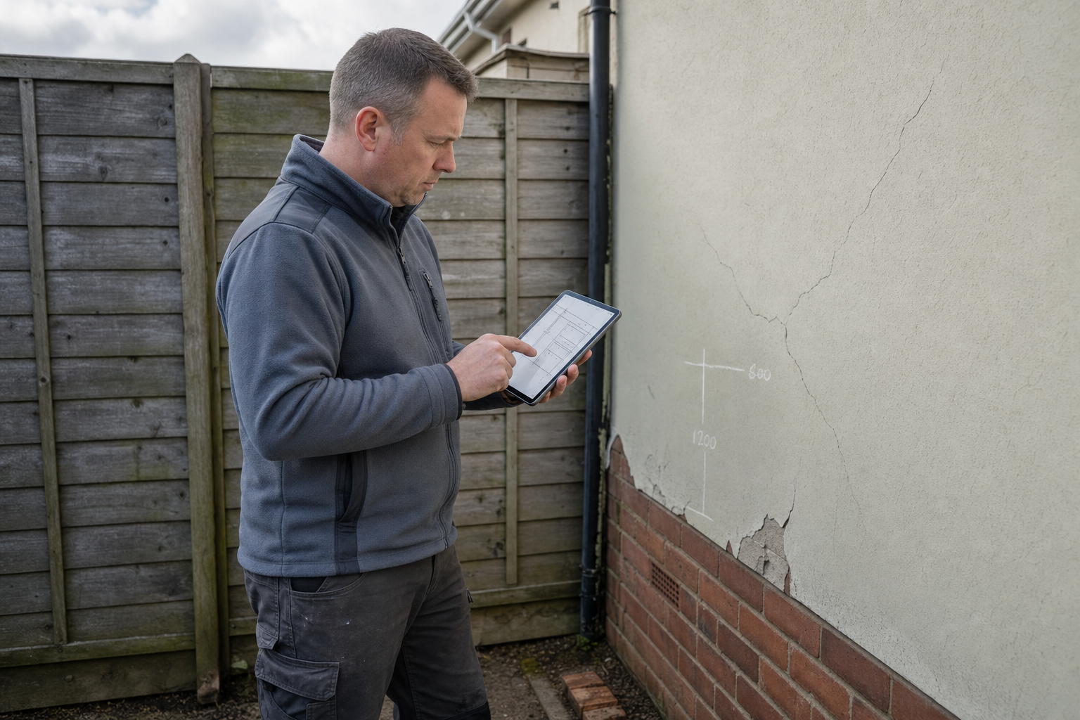 Man examining wall cracks with a tablet in hand, standing next to a boundary fence.