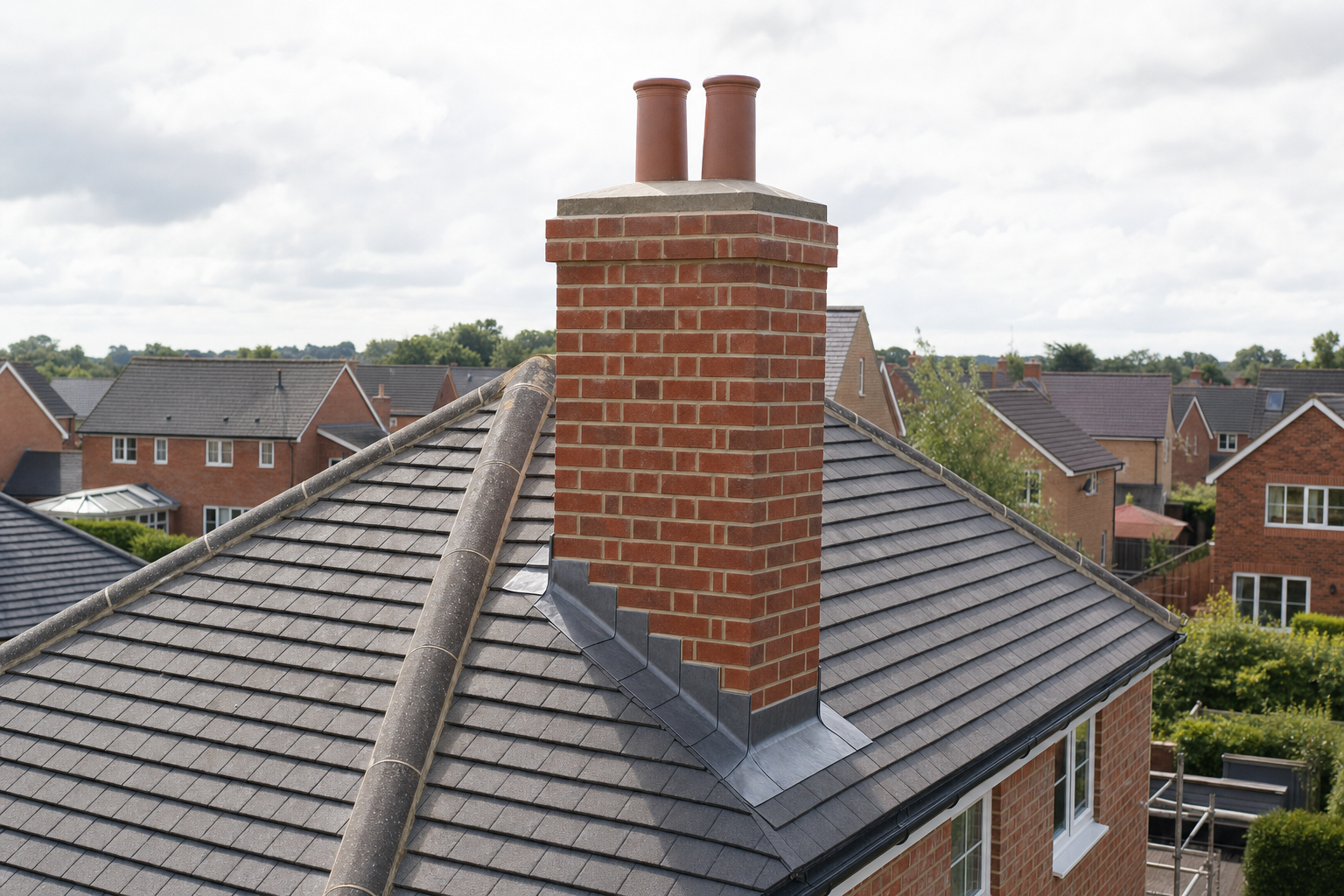 A red brick chimney with two pots sits atop a grey tiled roof in a residential area.
