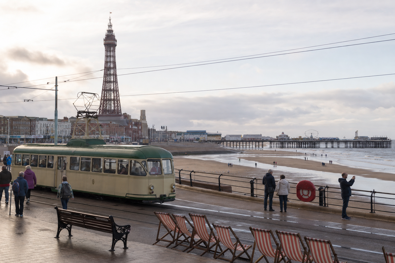A vintage tram passes along the promenade with a coastal beach and pier in the background.