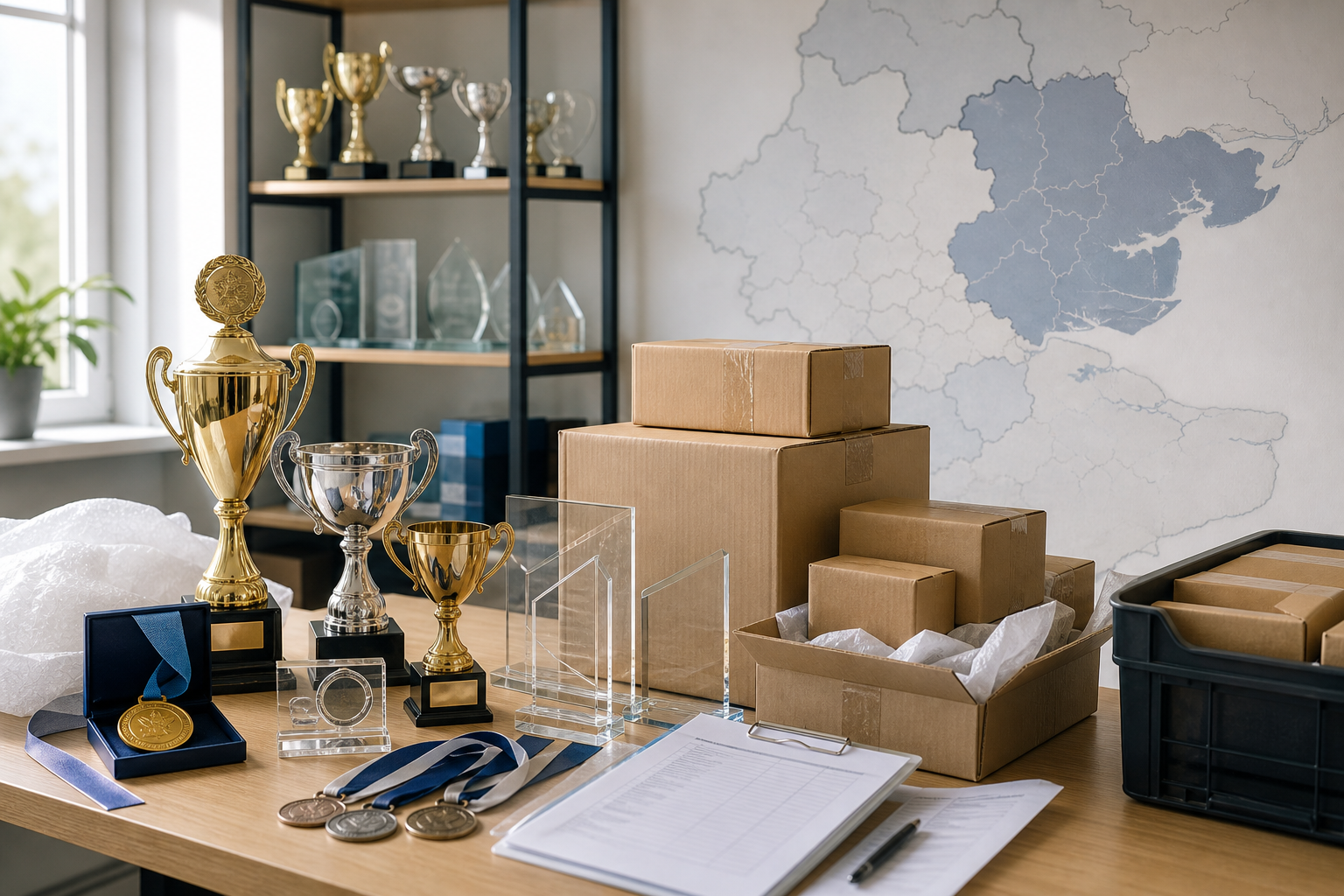 Trophies, medals, and packages arranged on a table with a map in the background.