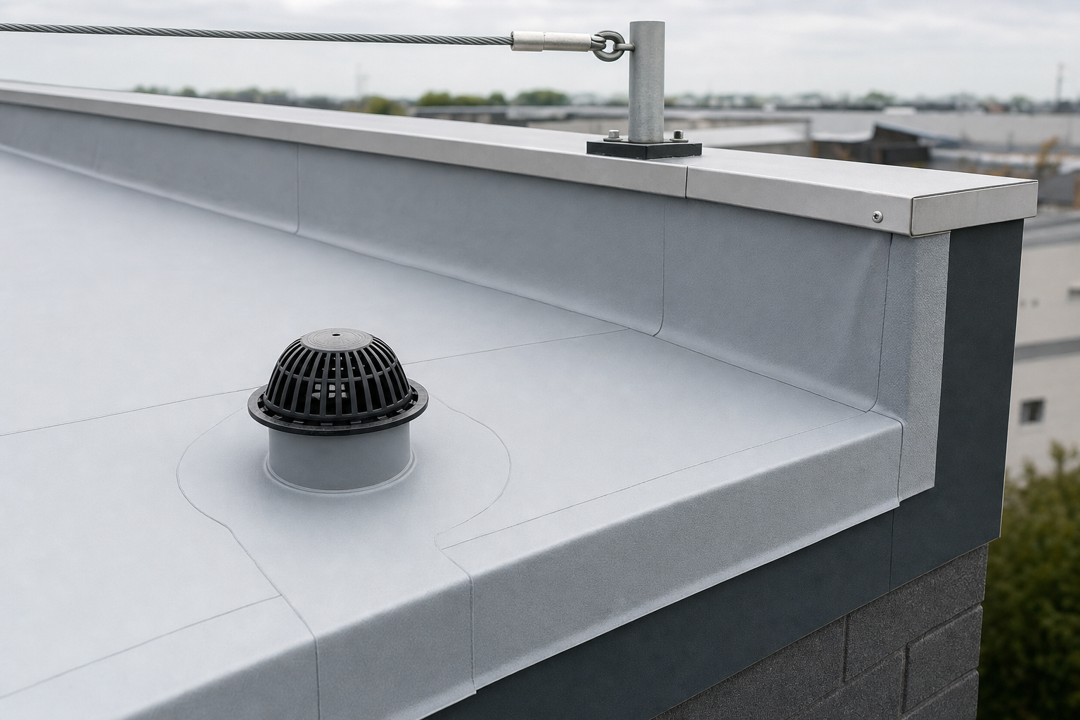 A flat grey rooftop with a black drainage dome and a metal safety cable near the edge.