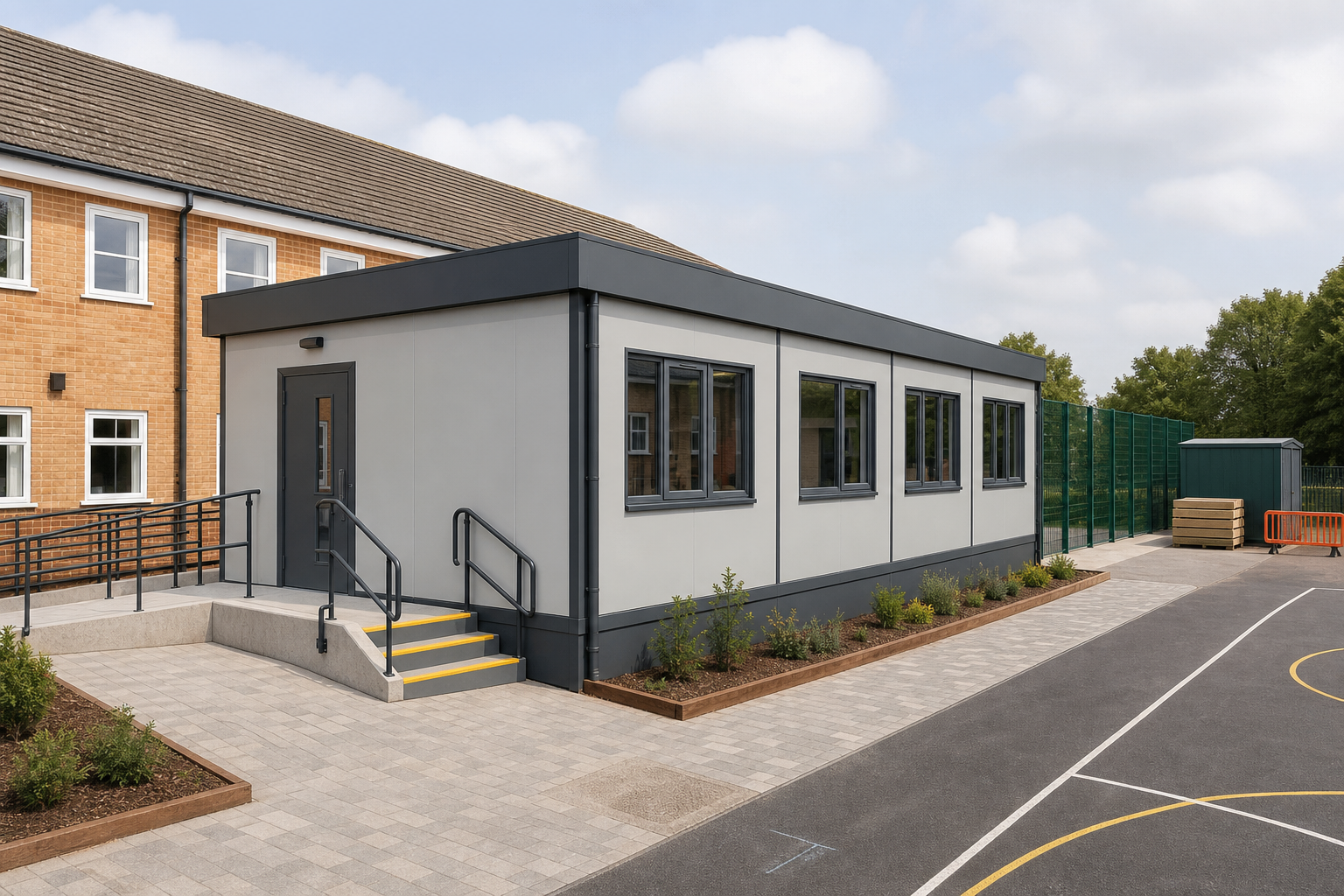 A modern modular classroom building with an accessible ramp and steps, adjacent to a larger brick building.