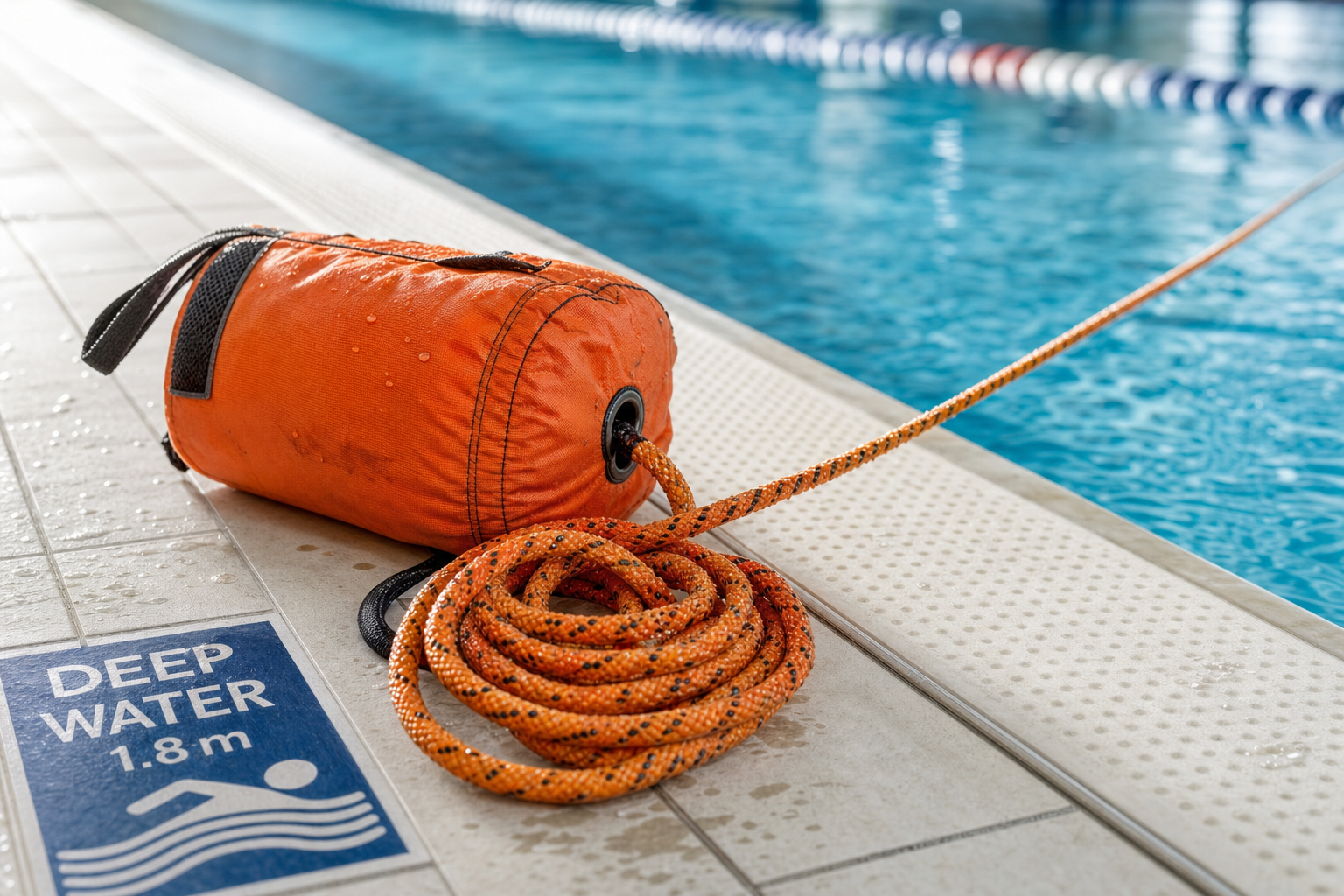 Orange rescue throw bag with coiled rope by a swimming pool labelled for 1.8m deep water.
