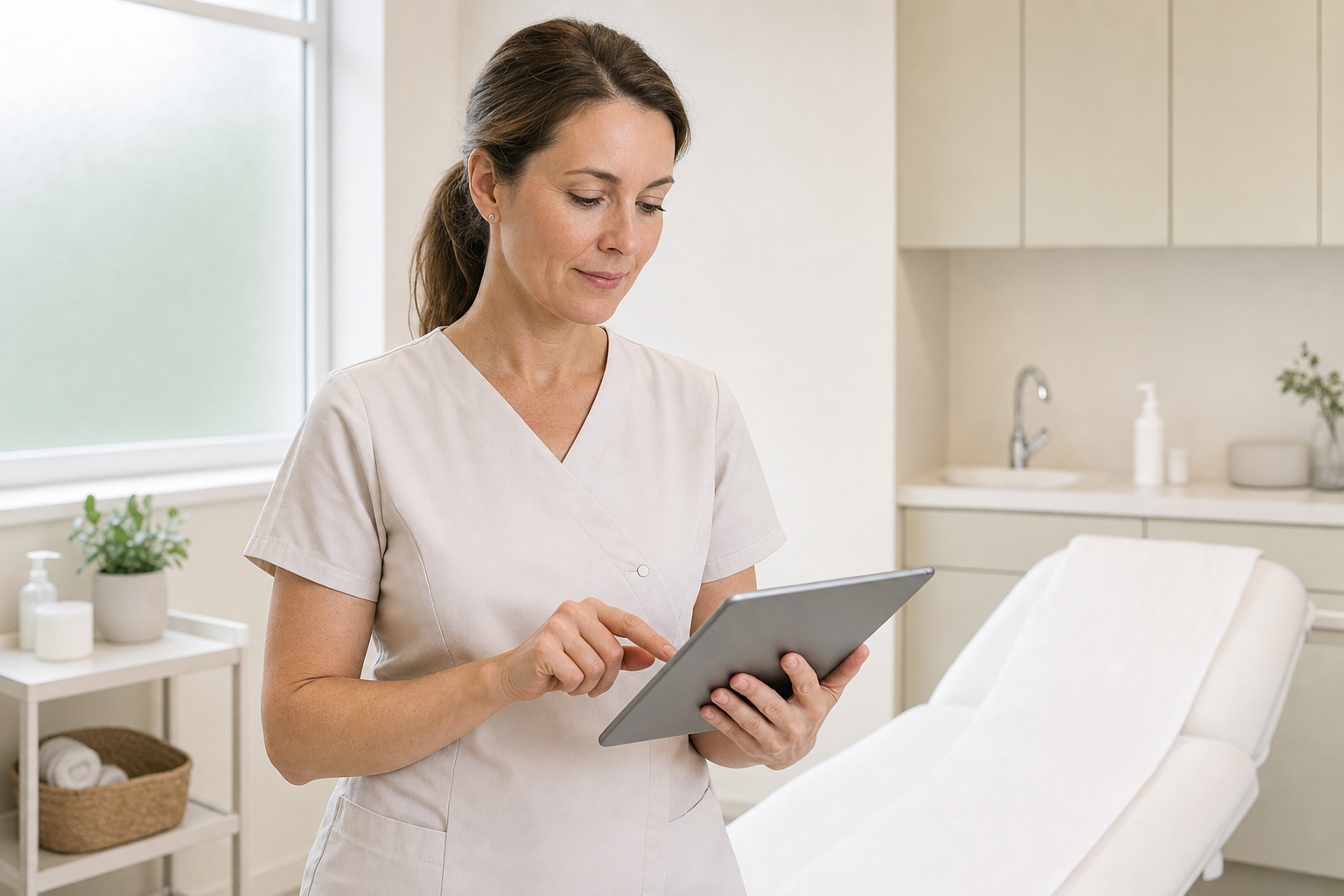 A healthcare professional in scrubs uses a tablet in a clean, bright clinic room.