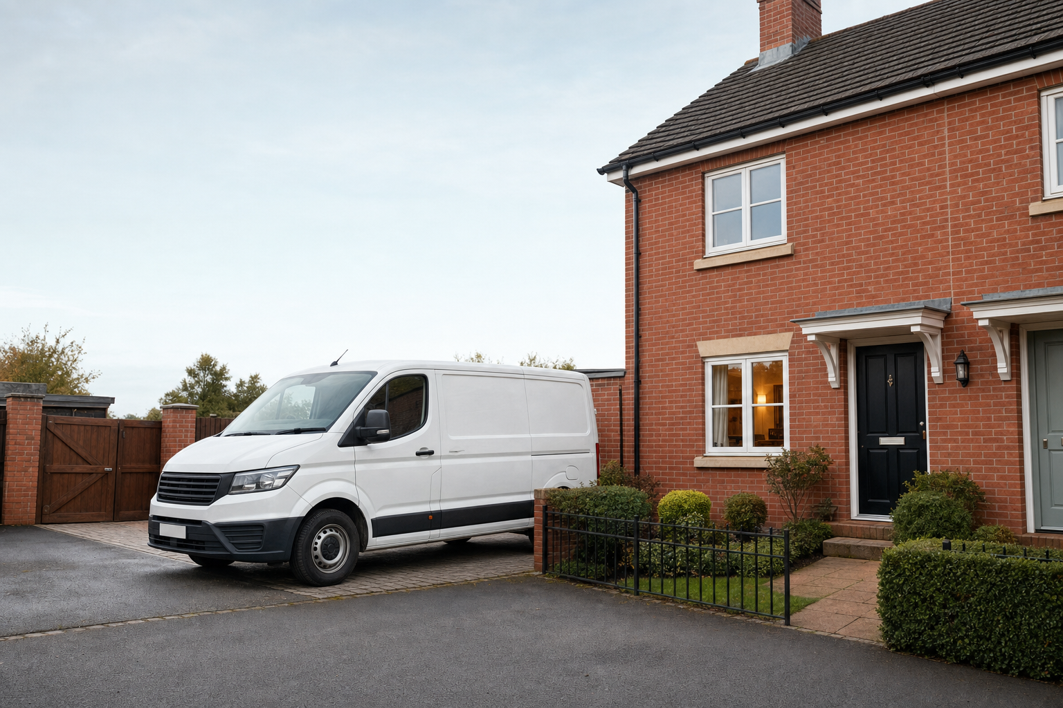 White van parked on the driveway of a red brick house with a black front door.