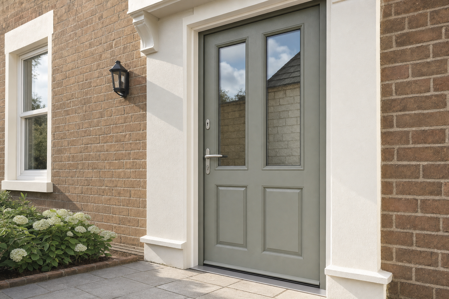 A grey front door with glass panels set in a brick wall, flanked by a window and a black lantern.