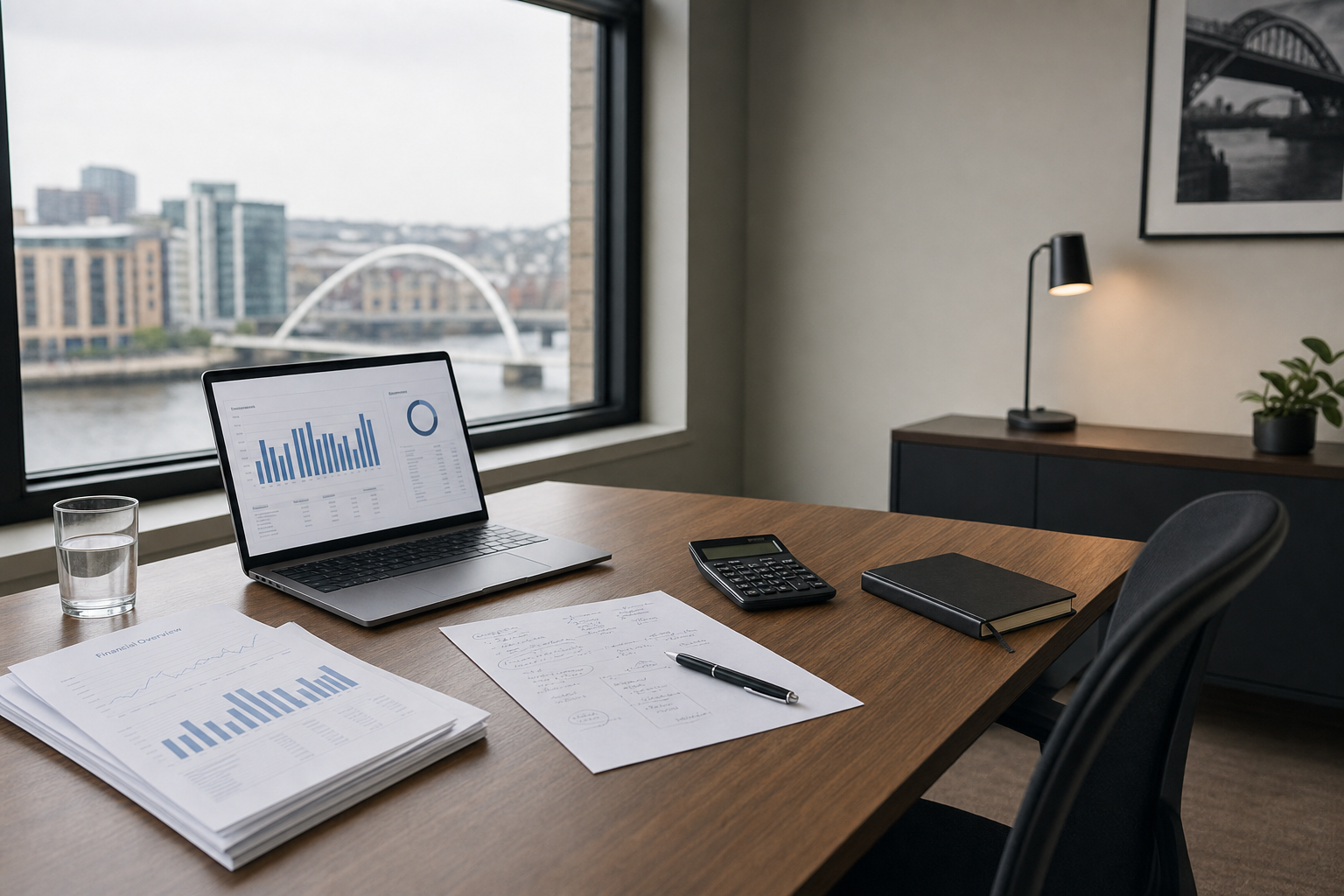 Modern office desk with a laptop showing graphs, papers, calculator, and a window view of a bridge over a river.