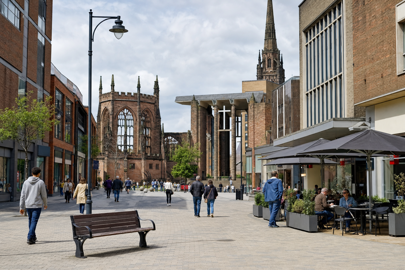 People walking along a pedestrian street with Coventry Cathedral ruins and modern structures in the background.