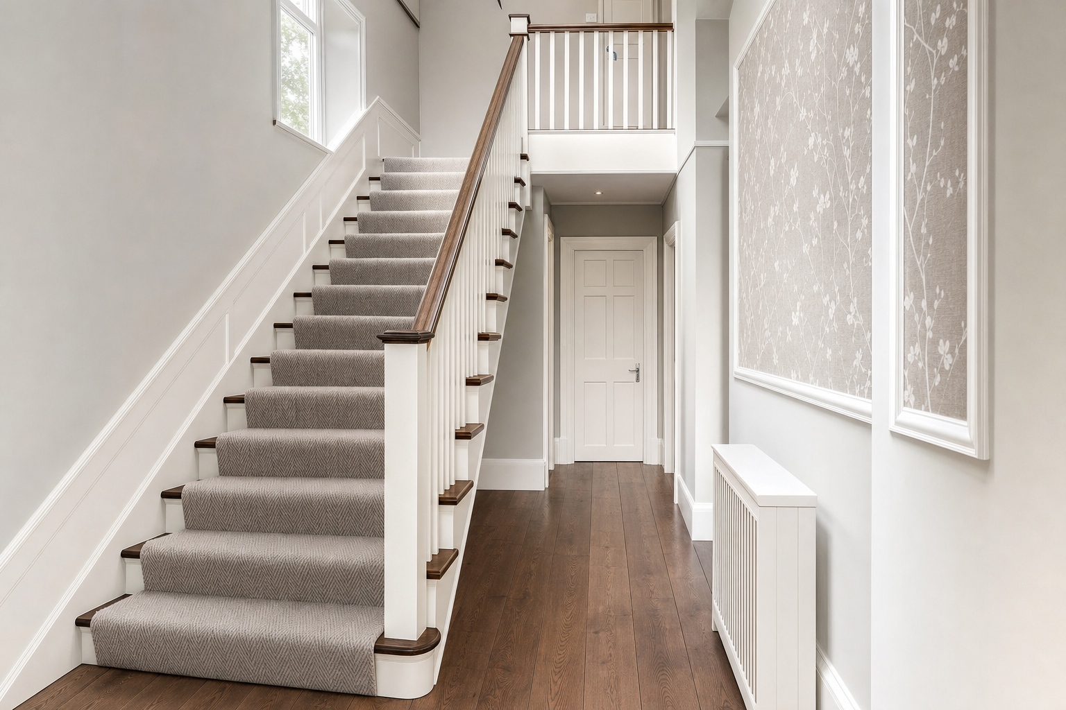Elegant staircase with carpeted steps and wooden banister in a bright hallway with patterned wallpaper.