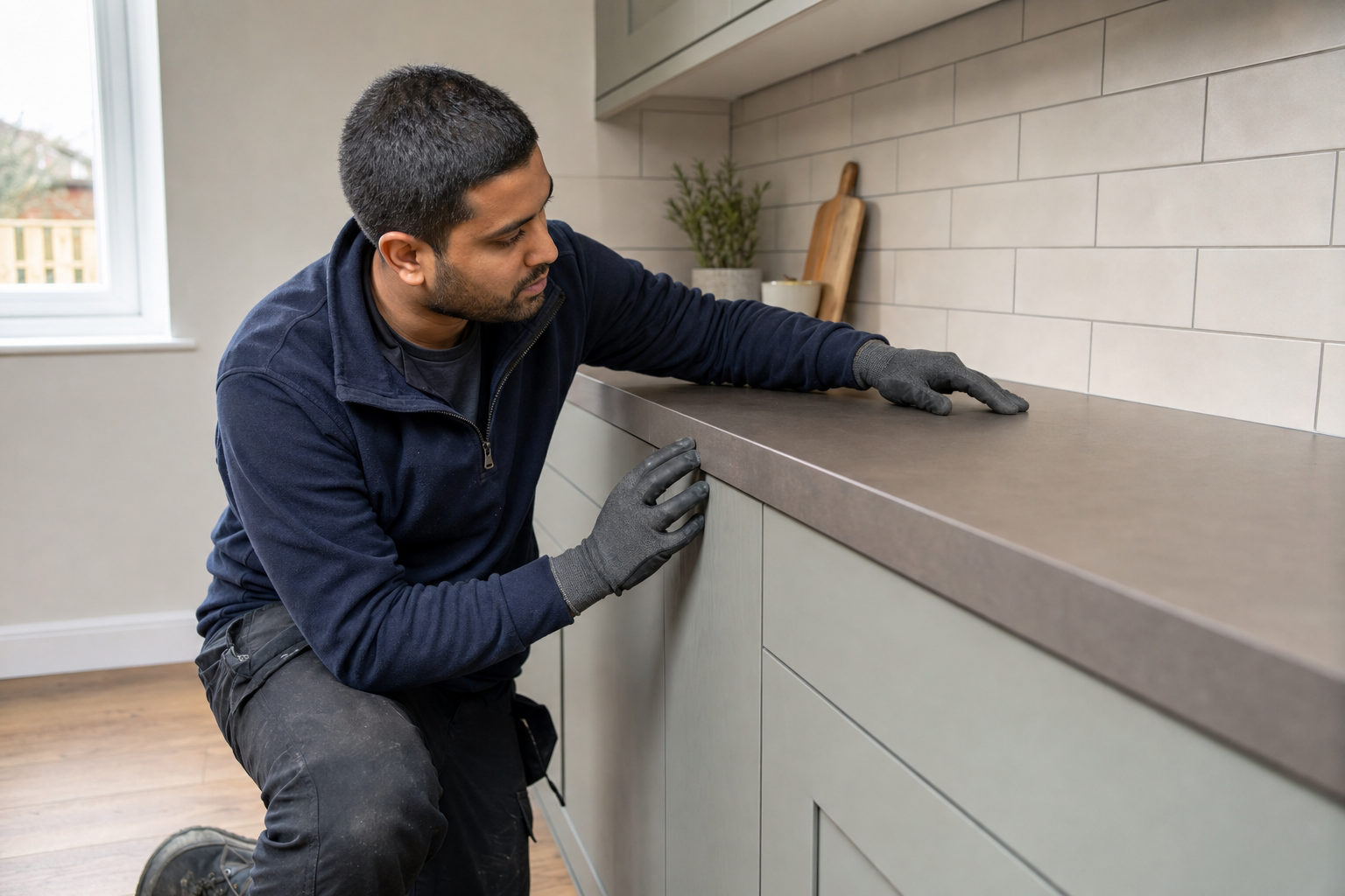A man wearing gloves examines the edge of a kitchen worktop near grey cabinets and a tiled backsplash.