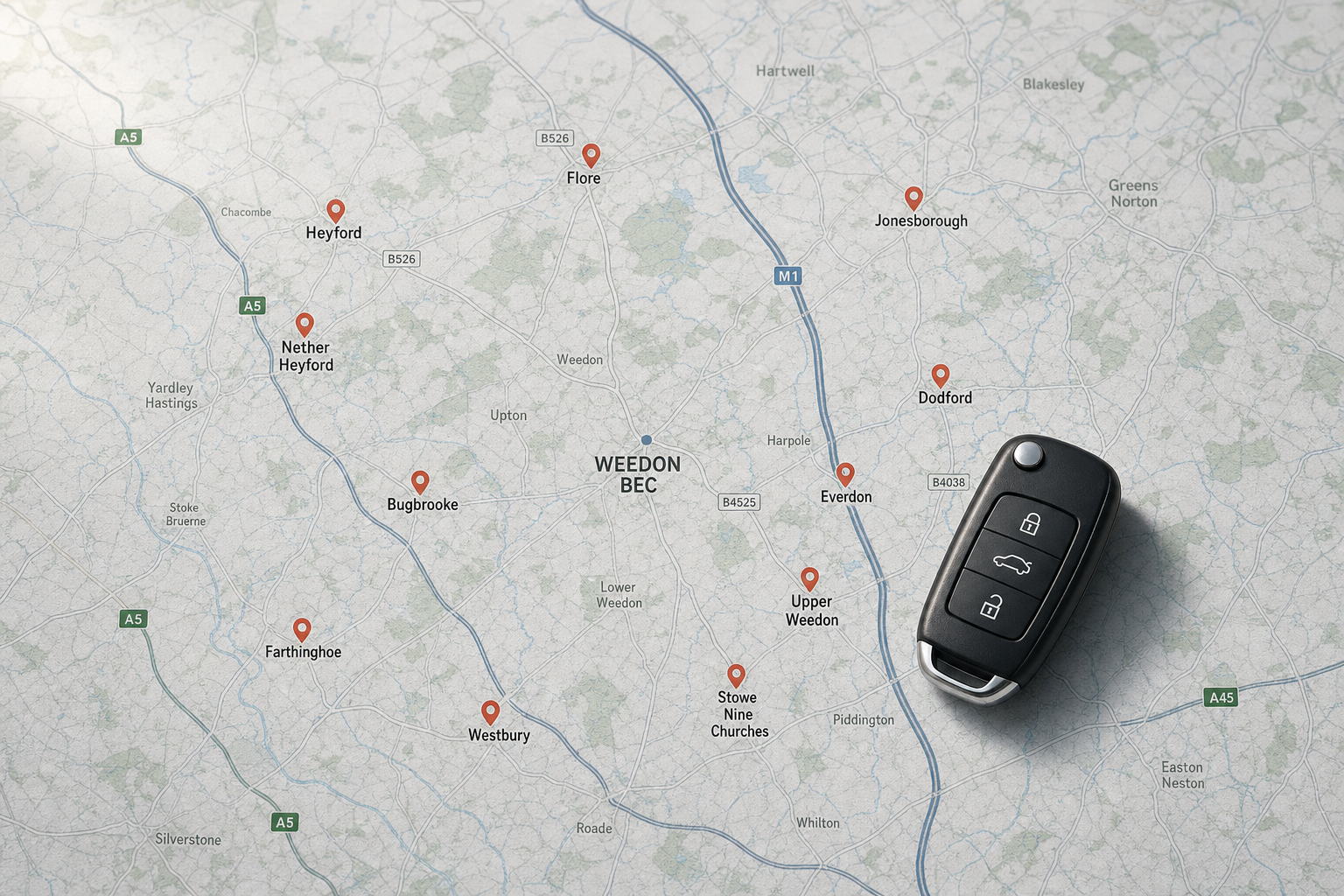 Car key fob resting on a map showing locations around Weedon Bec, with markers for nearby towns.