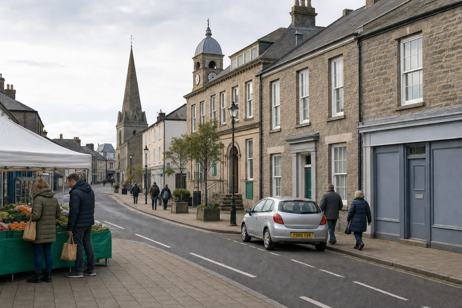 People shopping at an outdoor market on a quaint street lined with stone buildings and a prominent church spire in the background.