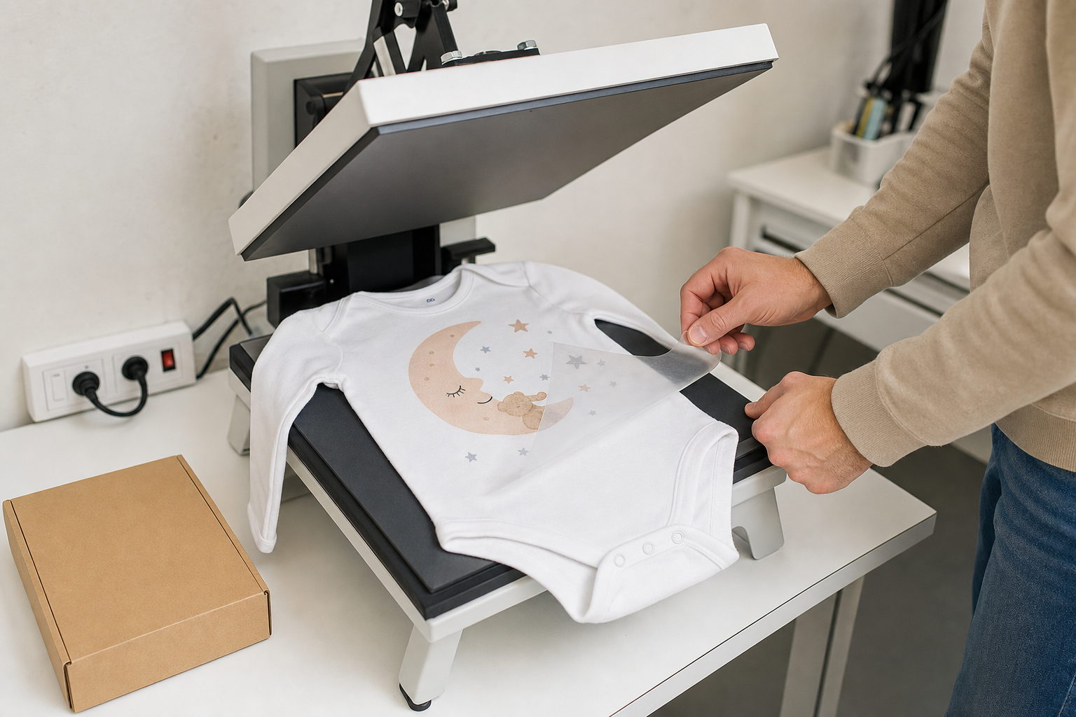 Person applying a moon and stars design onto a baby bodysuit using a heat press machine.