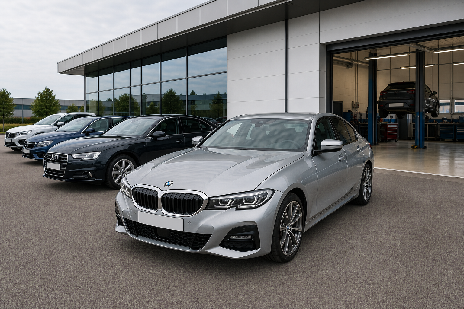 A silver car is parked outside a modern automotive showroom with other cars lined up.