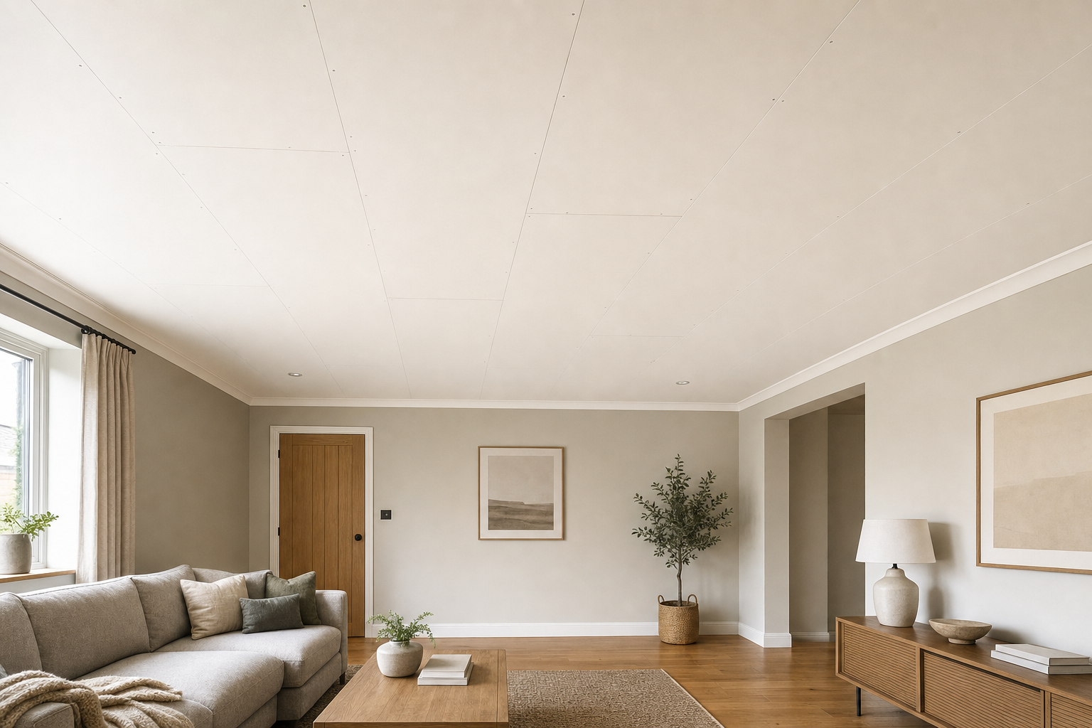 Modern living room with neutral tones, featuring a grey sofa, wooden coffee table, and framed artwork on the wall.