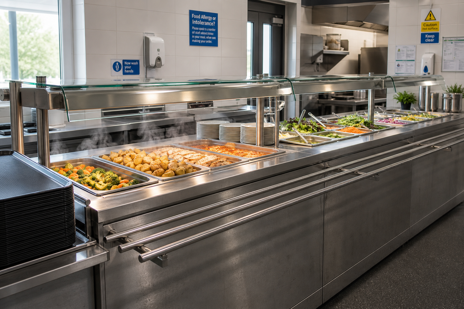 A stainless steel self-service canteen counter with hot and cold food options, including vegetables, potatoes, and salad.