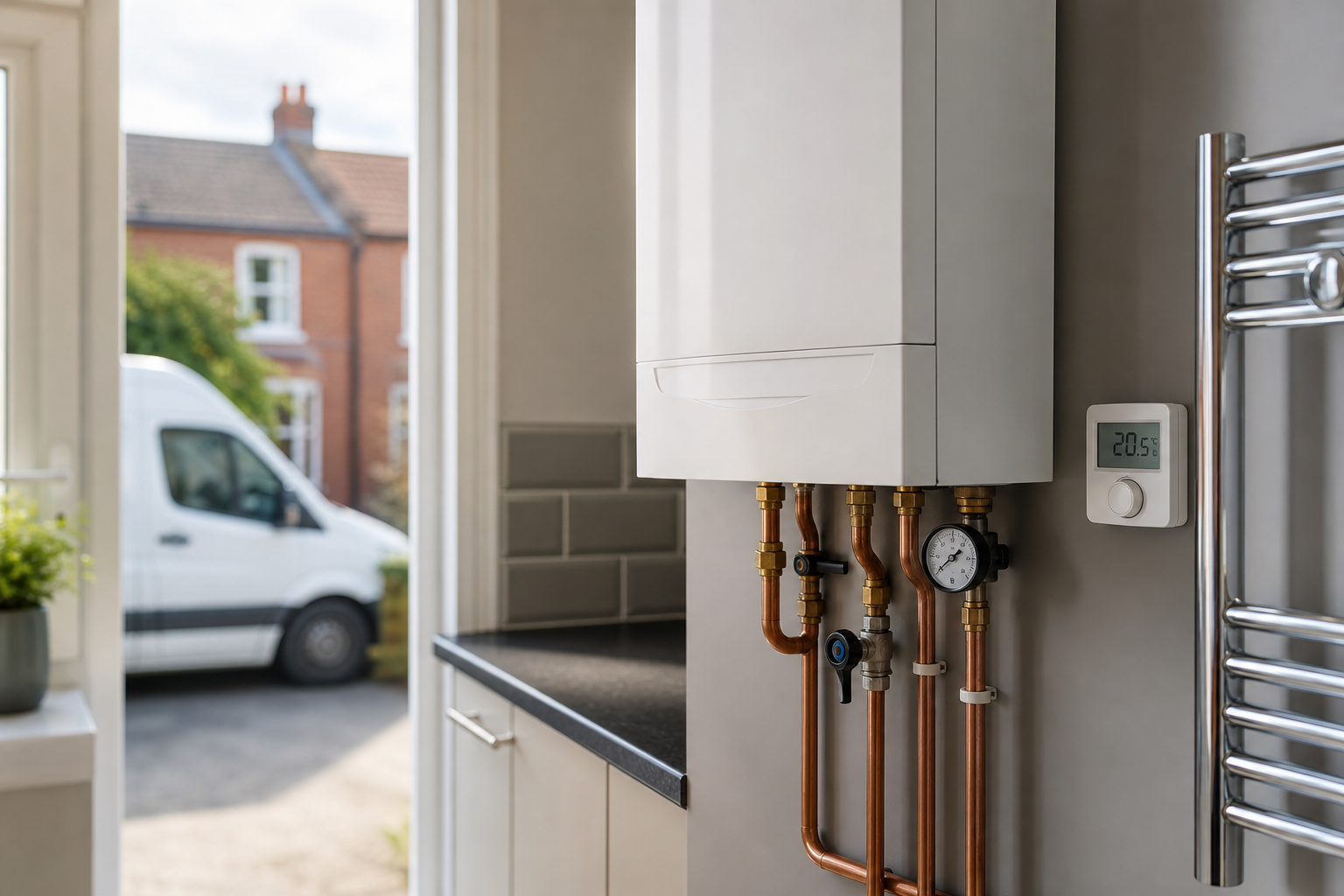 A modern boiler with exposed copper pipes and a digital thermostat display in a home's utility room.