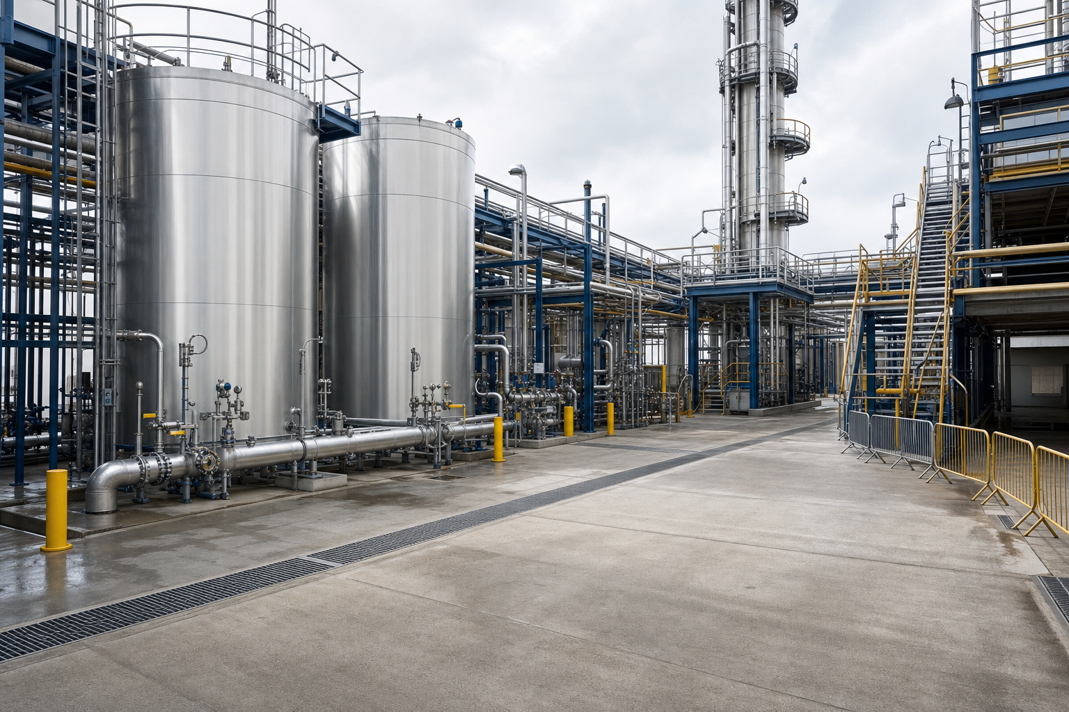 Industrial plant with large stainless steel tanks and interconnected piping under a cloudy sky.